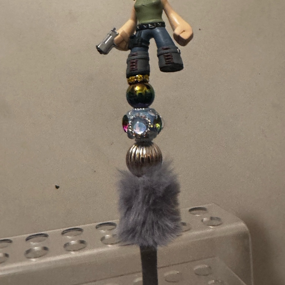 Handmade Grey Fur & Beaded pen with girl Figure